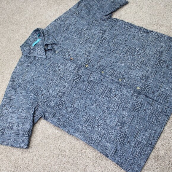 Tori Richard Shirt Men Large Blue Geometric 100% Cotton Lawn Short Sleeve Button - Picture 6 of 13